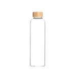 Schlanke Glas-Trinkflasche mit einem schlichten Bambus-Schraubdeckel.