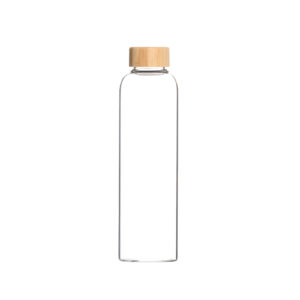 Schlanke Glas-Trinkflasche mit einem schlichten Bambus-Schraubdeckel.