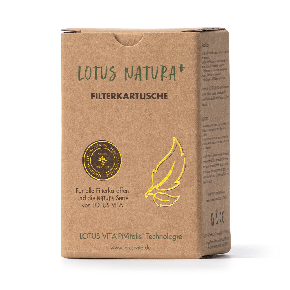 Die Kartonverpackung einer Ersatz-Filterkartusche für Wasserfilter, mit goldenem Logo und Blatt-Design.