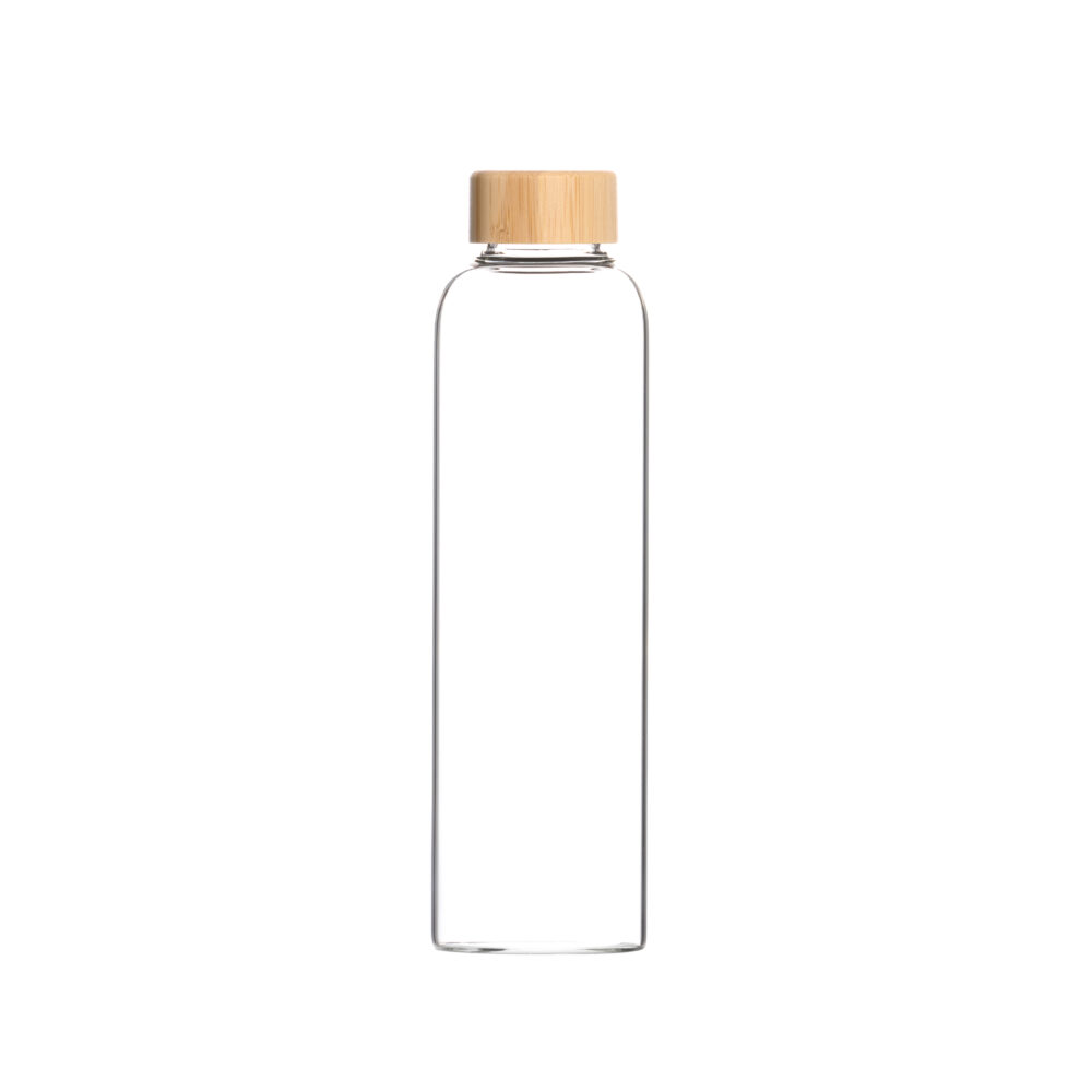 Schlanke Glas-Trinkflasche mit einem schlichten Bambus-Schraubdeckel.